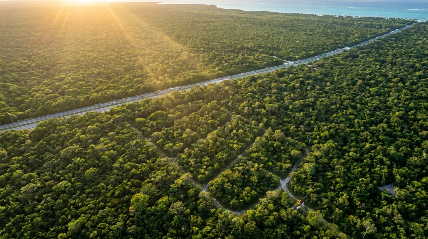 Vista aérea de la selva maya con la carretera del corredor Tulum–Cobá
