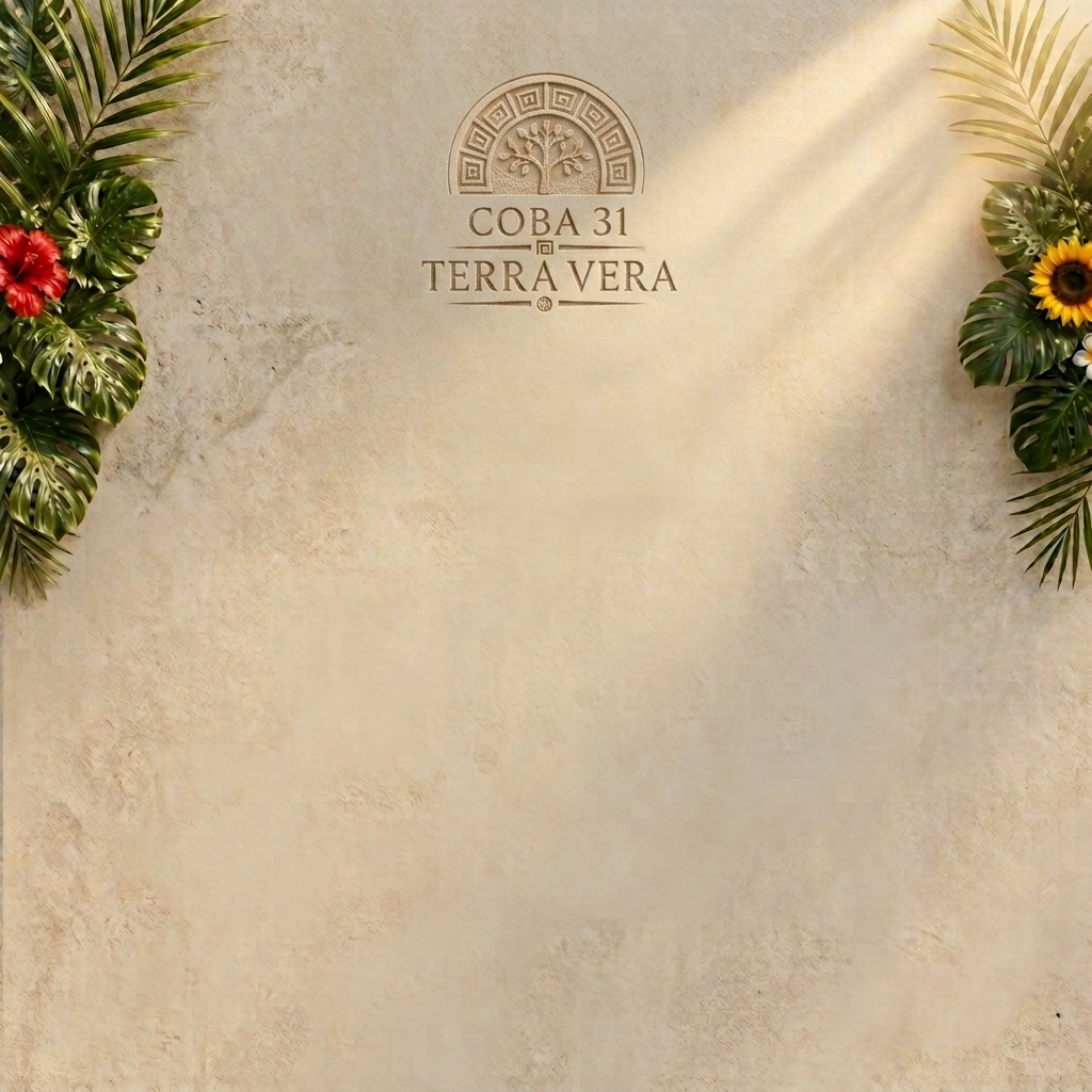 Muro de piedra con el logo grabado Coba 31 – Terra Vera rodeado de vegetación y flores tropicales