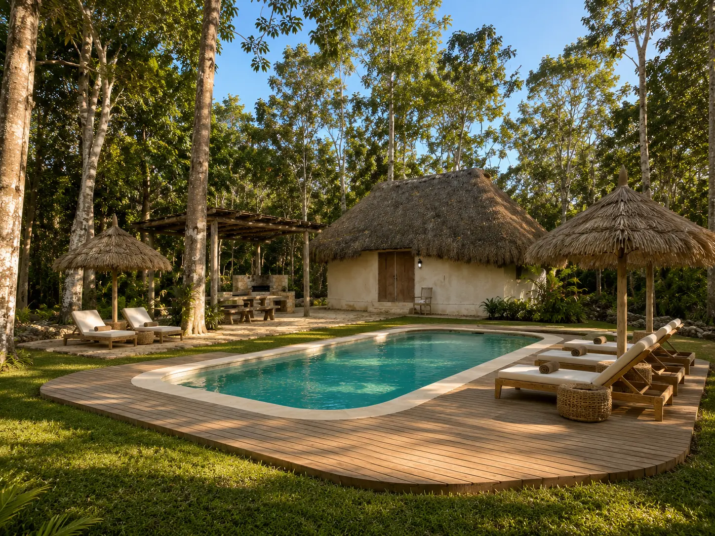 Casita con techo de palapa, alberca y deck de madera rodeada de árboles en la selva