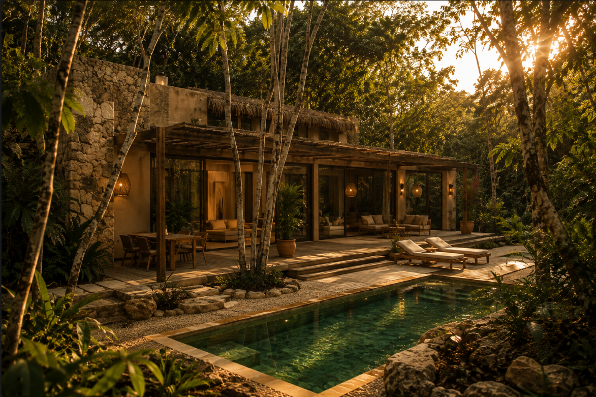 Casa de lujo de estilo contemporáneo integrada en la selva con alberca